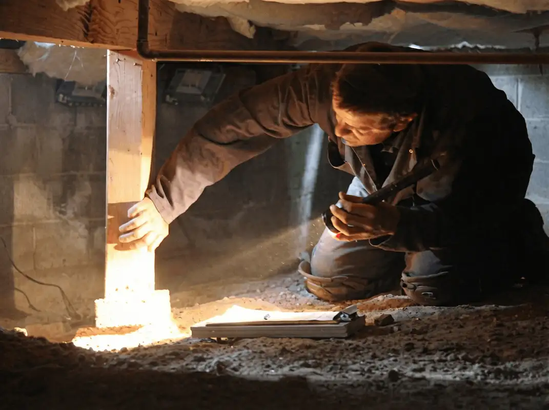 A professional inspecting wooden beams under the floor of a structure in Sioux Falls, SD