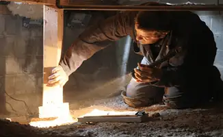 A professional inspecting wooden beams under the floor of a structure in Sioux Falls, SD